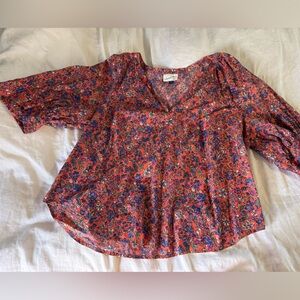 Universal Thread Floral V-Neck Blouse - Red and Blue XXL Cotton